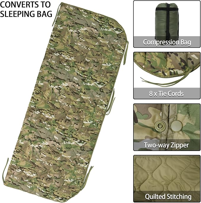 Military Poncho Liner 60”x 79” Camping Blanket Woobie Compact Waterproof for Travel Stadium Outdoor Camping