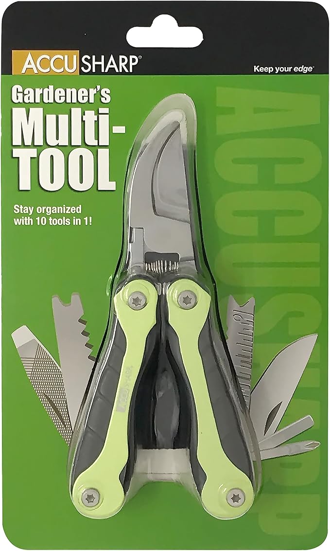 AccuSharp Hand Pruners, Stainless Steel Pruning Shears, 10-in-1 Multipurpose Garden Clippers with Screwdriver, Saw, Knife, Ruler & More, Compact Garden Shears for Gardening, Camping & Survival Tools