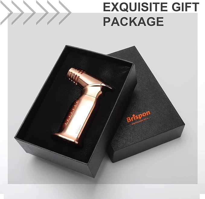 Torch Lighter, Quad 4 Jet Flame Windproof Butane Lighter with Safety Lock Adjustable Refillable Lighter for Kitchen Grill BBQ Candle Camping (Butane NOT Included) (Gold)