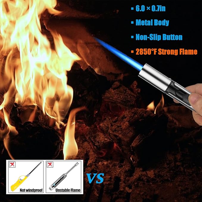 Anrapley Butane Torch Lighter, 6.0in Long Candle Lighter with Fuel Level Window, Windproof Pen Lighter Adjustable Jet Flame for Grill Kitchen Fireplace Camping BBQ, Silver(Gas not Included)