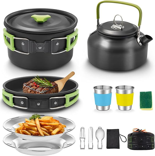 16pcs Camping Cookware, Backpacking Compact Camping Cooking Set Camping Pot with Stainless Steel Cups Plates Forks Knives Spoons, Camping Pots and Pans Set for Backpacking, Outdoor Cooking