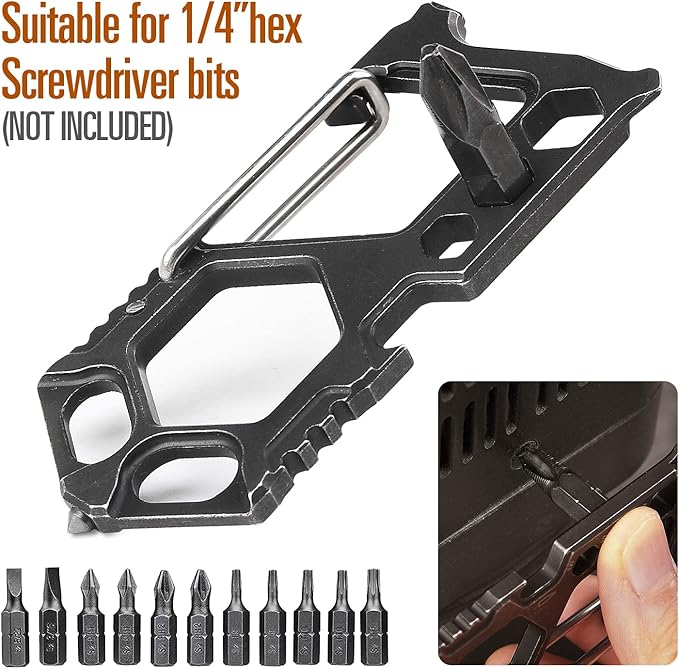Carabiner Keychain Stainless Steel Multitool - 11 in 1 Tactical Keychain - Glass Breaker,Bottle Opener, Wrench, Screw Drivers, Key Clip, EDC Keychain for Men
