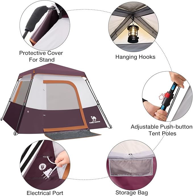 CAMEL CROWN Cabin Tent with 1-Minute Setup, 4/6 Person Instant Tent with Weatherproof Floor