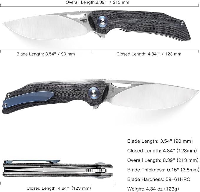 BESTECH KNIVES Pocket Folder Folding Knife: 3.54" 154CM Steel Satin Blade, Carbon Fiber and G10 Scales, Flipper, Liner Lock, EDC Titanium Clip, BL01A (Black Desert)