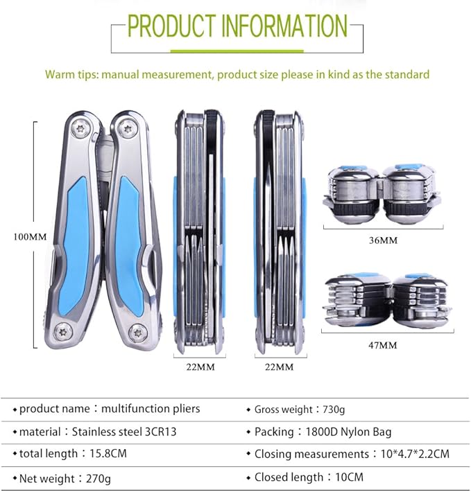 Folding Multitool Pliers Bottom Bone Elastic Forceps Clamp Multifunction Fine Blanking Pocket Pliers with Nylon Sheath and Gift Box Suitable for Home/Camping/Travel/Hiking/Outdoor Blue