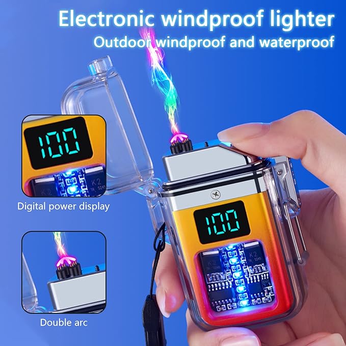 Electric Rechargeable Lighter Transparent Waterproof Dual Arc Plasma Lighter Type-C Rechargeable Lighter Outdoor Windproof Lighter for Outdoor,Camping,Candle and Survival(Red and Yellow)