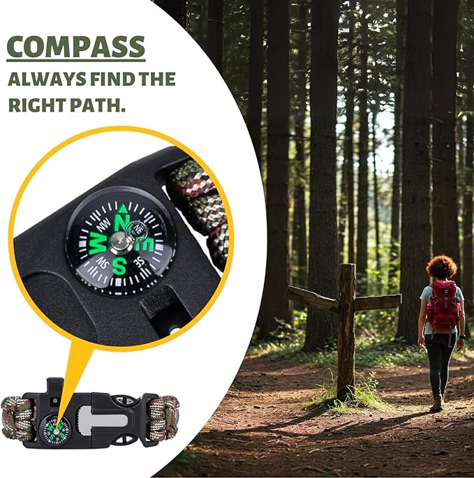 Bracelet & 10' Paracord Bundle – Fire Starter, Compass, Emergency Whistle, Mini Saw - Tactical Outdoor Survival Gear for Camping, Hiking, and Emergency Kits - U.S. Company