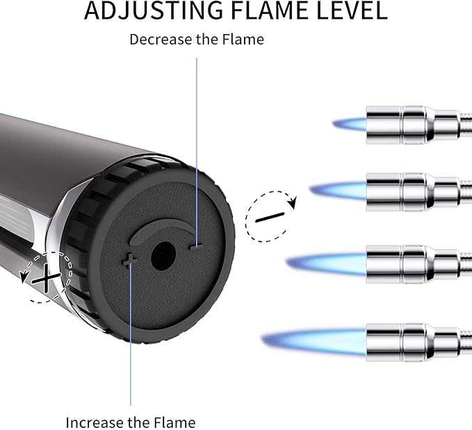 Butane Lighter Torch Long Lighter Refillable Adjustable Jet Flame Lighter Windproof Flexible with Visual Fuel Window Blow Torch for Stove BBQ Grill Fireplace Camping Kitchen (No Gas Include) - Grey