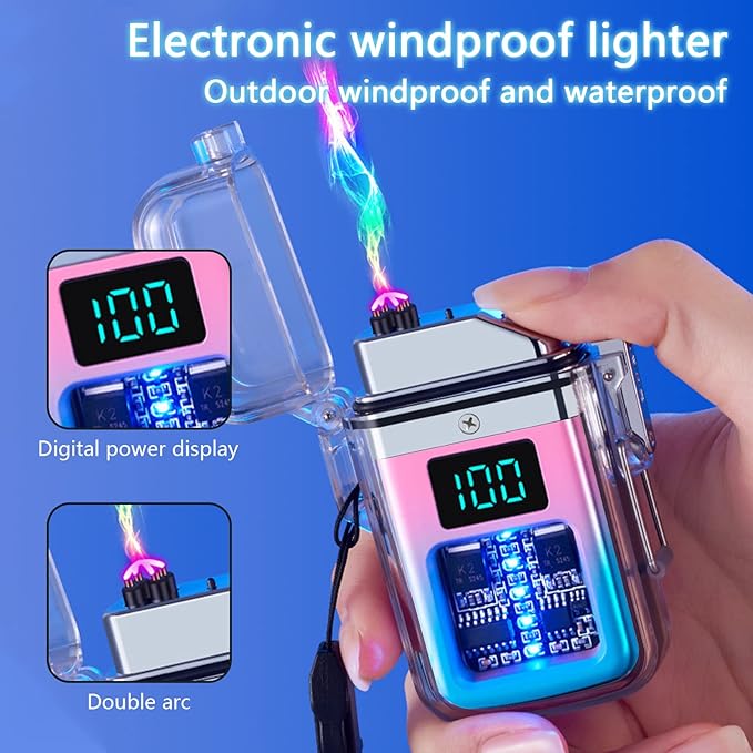 Electric Lighter Transparent Waterproof Dual Arc Plasma Lighter with LED Battery Indication Type-C Rechargeable Outdoor Lighter Windproof Lighter for Boyfriends and Friends (Blue and Pink)