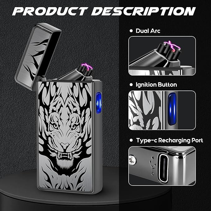 LcFun Electric Lighter USB Type C Rechargeable Lighter Electronic Plasma Lighters Windproof Flameless Arc Lighter for Candle, Incense Stick, Outdoor Camping