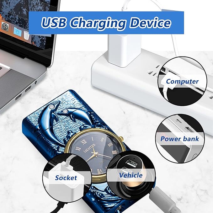 Cool lighters Windproof Lighter arc Lighter Electric lighters Rechargeable Flameless Plasma Lighter with Battery Indicator, lighters for Men (Blue)