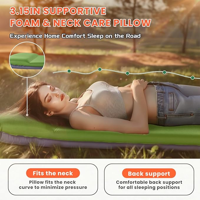 Self Inflating Sleeping Pad with Built-in Electric Pump, 3.15” Thick Memory Foam Camping Mattress, Fast Inflating Camping Sleeping Pad with Pillow, 4 Season Insulated Sleeping Pad for Camping, Tent