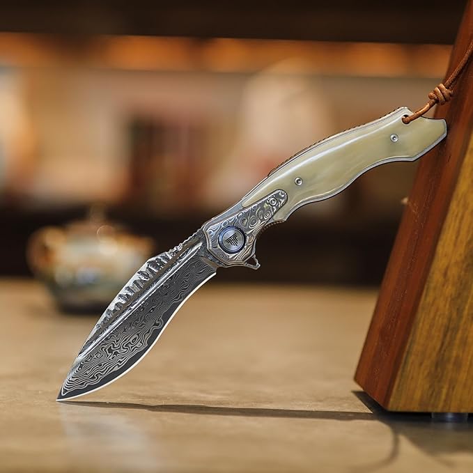 Handmade Damascus Steel Folding Hunting Knife with Leather Sheath,4.09'' Large Blade,Damascus and Bone Handle Pocket Knives for Men EDC Camping, Lepus-02