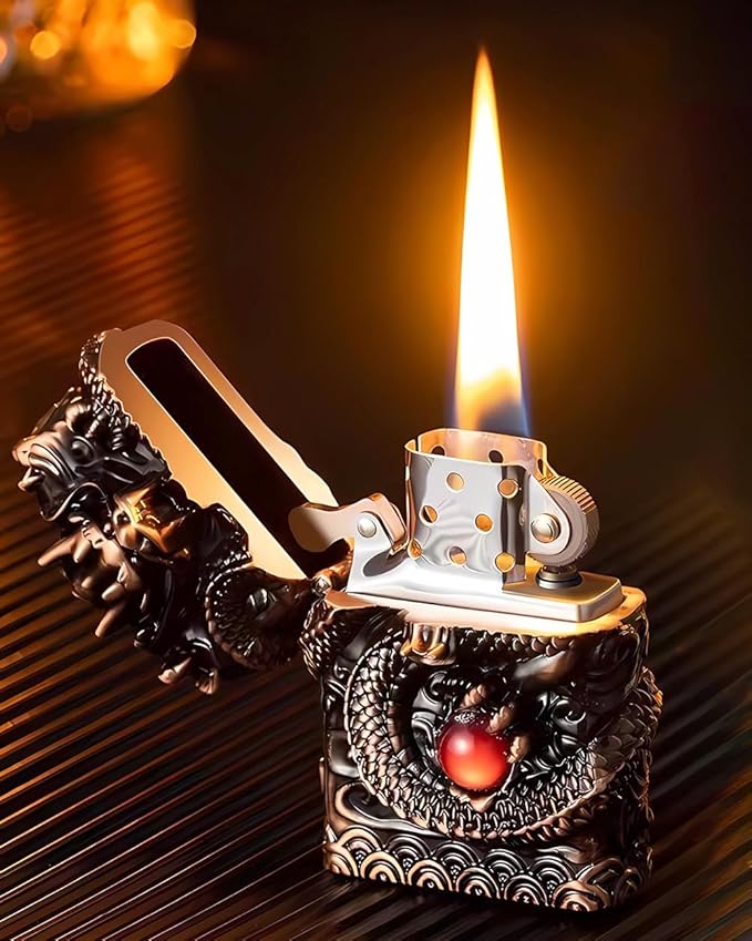 Dragon Lighter Premium Kerosene Soft Flame Lighter with Adjustable Flame, Refillable, Windproof and Pocket Size for Outdoor Camping, Travel, and Household Use (Bronze)