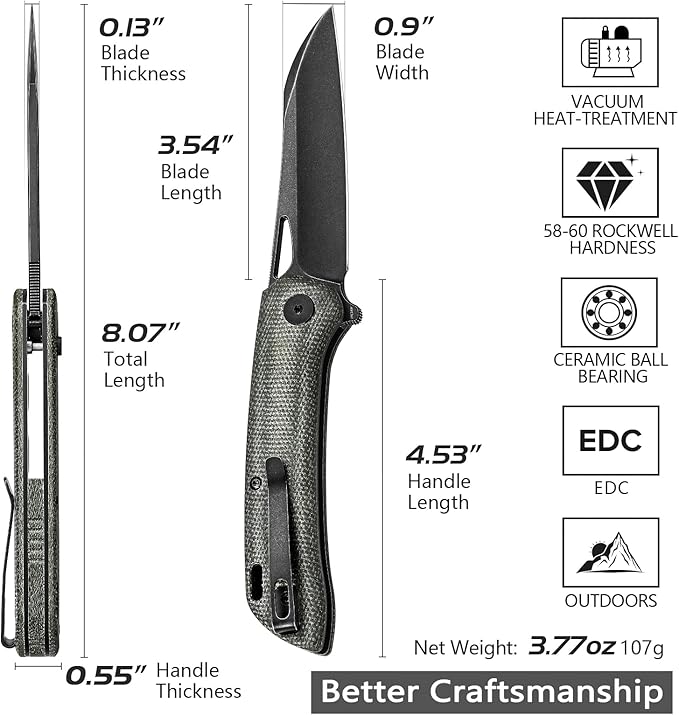 Folding Knife with Hollow Grind,3.54in 14C28N Black PVD Stonewashed Blade wtih Thumb Hole,Green Micarta Handle with Button Lock& Reversible Deep Carry Pocket Clip,Aries-04G