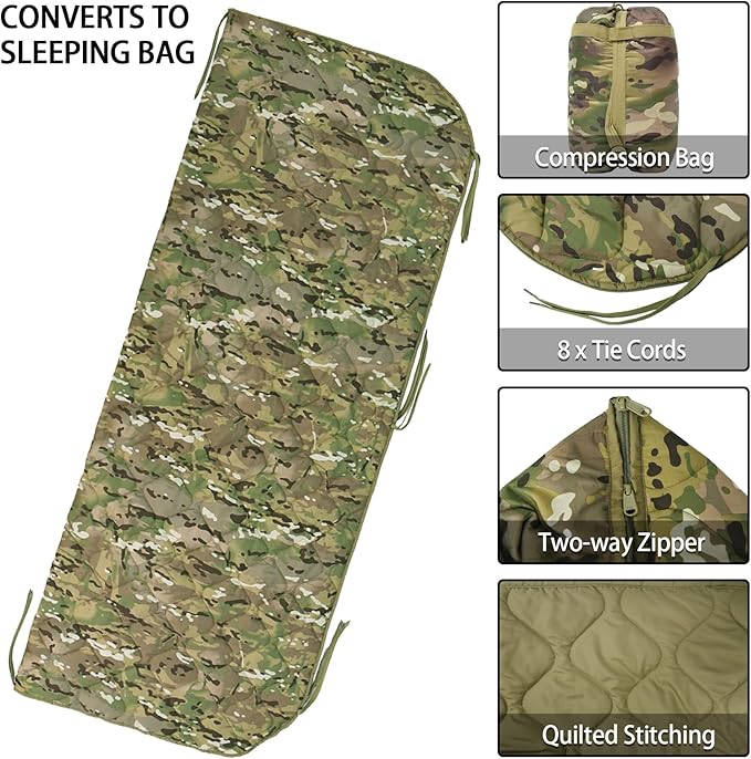 Military Poncho Liner with Zipper Camping Blanket Army Multicam Woobie Sleeping Bag Insulated Waterproof for Travel Outdoor Survival Hunting