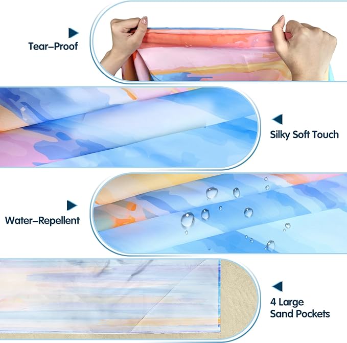 Sunlit Soft 106"x81" Sand Proof Beach Blanket Sand Free Beach Mat with Corner Pocket and Mesh Bag for Beach Party Travel Camping and Outdoor Music Festival, Ombre Blue Orange