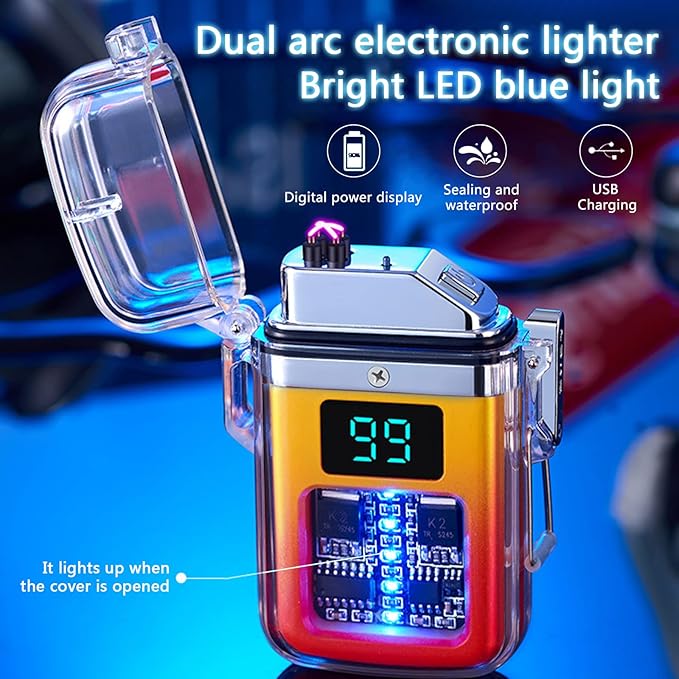 Electric Rechargeable Lighter Transparent Waterproof Dual Arc Plasma Lighter Type-C Rechargeable Lighter Outdoor Windproof Lighter for Outdoor,Camping,Candle and Survival(Red and Yellow)