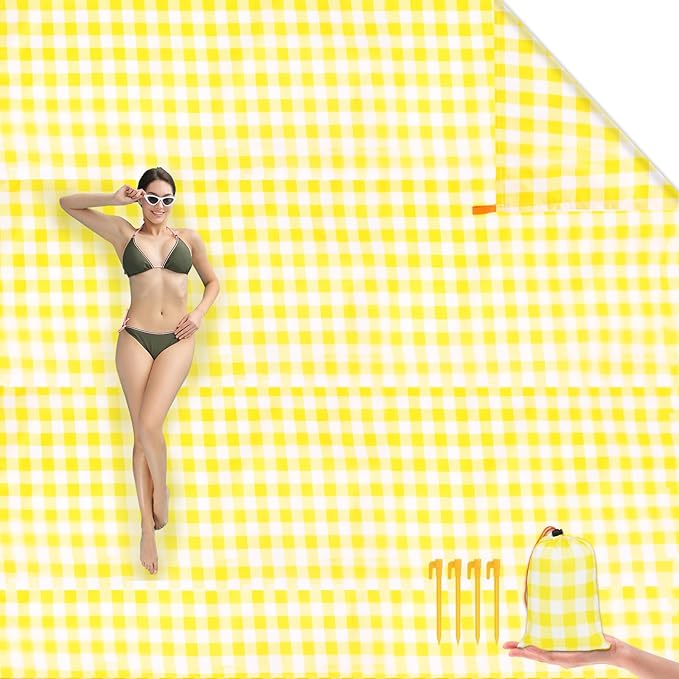 Ainiv Beach Blanket Beach Mat, Sandproof Waterproof Beach Mat, Picnic Blanket, Extra Large 55x79 in (3-5 People) Picnic Blanket with 1 Storage Bag & 4 Fixed Nails for Beach, Camping, Hiking, Picnic