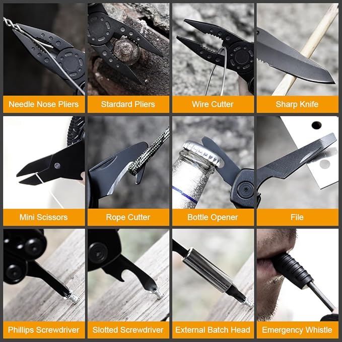 Pocket Knife Multitool, Tactical Utility Multi Tool Knife Set, Camping Survival Gear, Folding Knives with Blade, Plier, Screwdriver Bottle, Scissors, Fire Starter, Whistle, Gift for Men