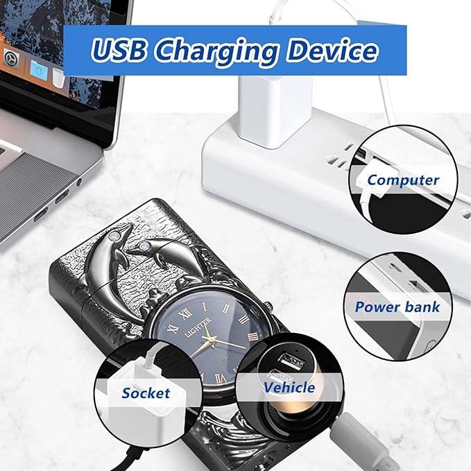 Electric Lighters Rechargeable USB Lighter Flameless Windproof Plasma Arc Lighters with Watch dial Electronic Lighter Candle Unique Fancy Cool Lighters for Candle (Black)