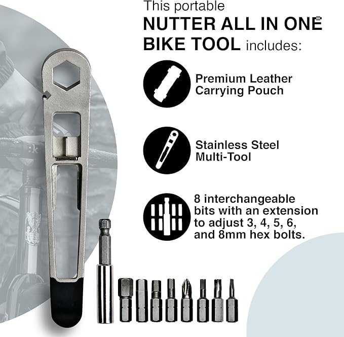 THE NUTTER All in One Bike Tool - Portable Bike Repair Kit with Cycling Multitool and Black Leather Pouch - Specialized Bike Accessories, Bike Tools - Emergency Biking Gear for All Types of Bicycles