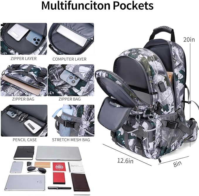 Nerlion 40L Hiking Backpack Travel Backpack for Men Women Camping Waterproof Outdoor Hiking Daypack Lightweight Backpack (White Leaves)