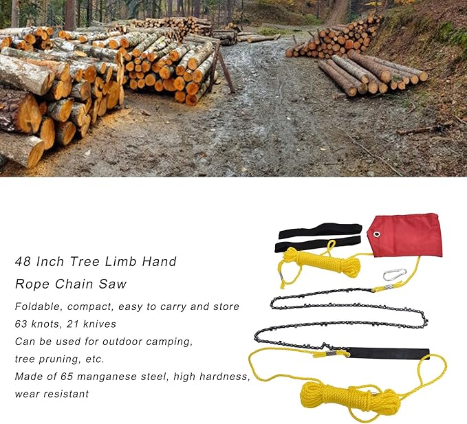 Atyhao , 48 Inch Tree Limb Hand Rope Chain Saw 63 Teeth Comfortable Handle High Hardness Folding Pocket Chainsaw for Tree Pruning