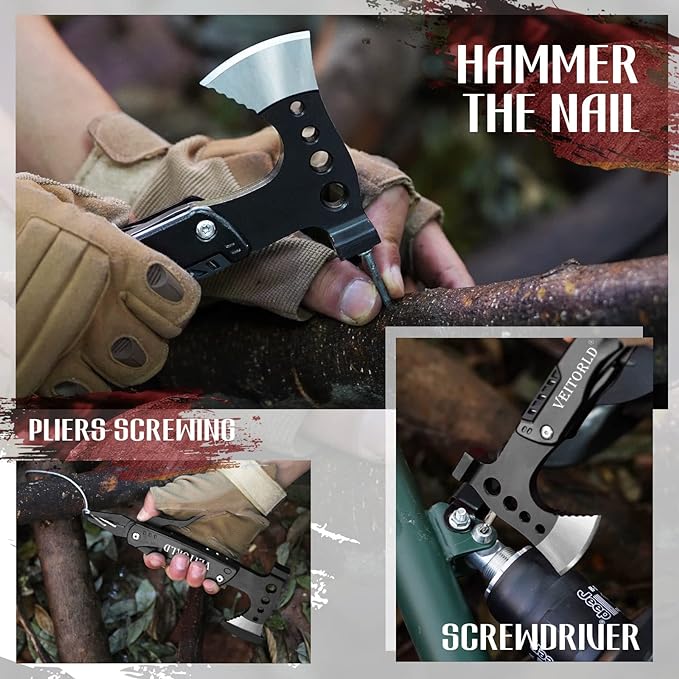 VEITORLD Gifts for Men Dad Husband, Unique Anniversary Birthday Gifts Idea for Men Him, Multitool Axe Hammer Camping Accessories, Survival Gear and Equipment, Cool Hunting Fishing Hiking Presents