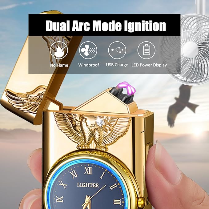 Cool Lighter with Clock Dial Electric Lighter with LED Power Display Plasma Lighter Windproof USB Rechargeable Lighter Gifts for Men Women (Eagle-Gold)