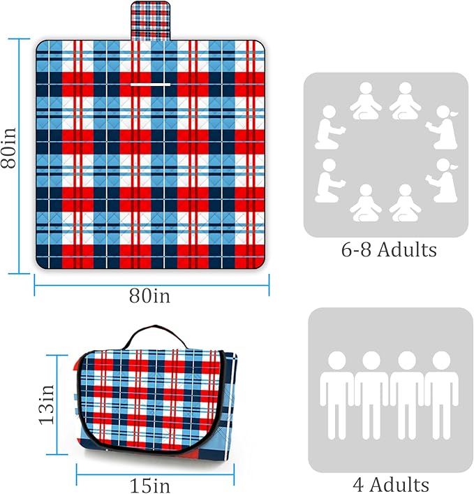 Portable Waterproof Picnic Blanket,Picnic Blankets Extra Large Outdoor 80"x80", Machine Washable, Extra Large Picnic Mat for Grass Concert, Park, Lawn,Travel,Blue Red White Gingham