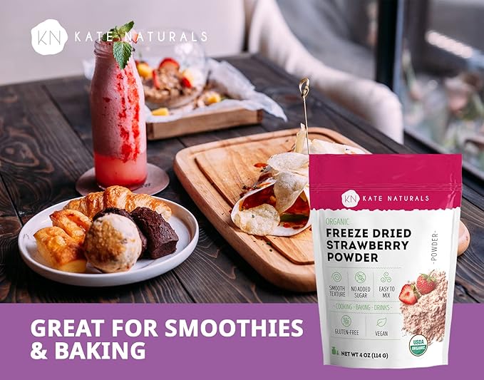 Kate Naturals Freeze Dried Strawberry Powder for Baking, Camping & Drinks. Natural Strawberry Flavoring for Cakes, Icing & Smoothies (4 oz, Organic)