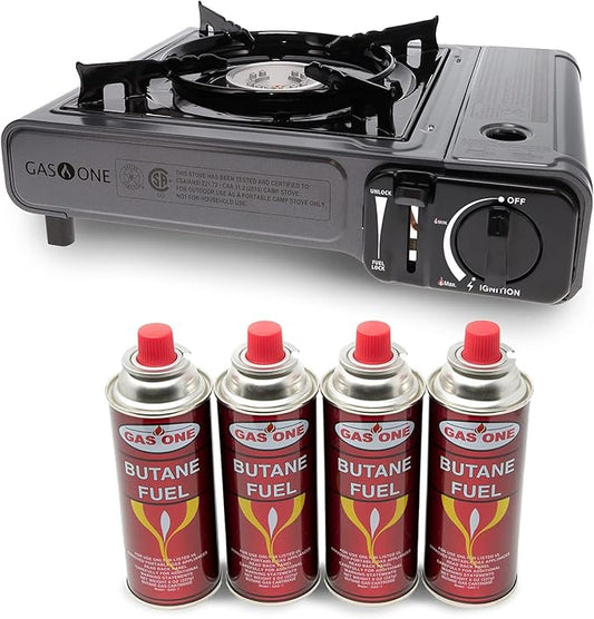 Gas One Butane Gas Stove with 4 Fuel Canister Catridge - Gray