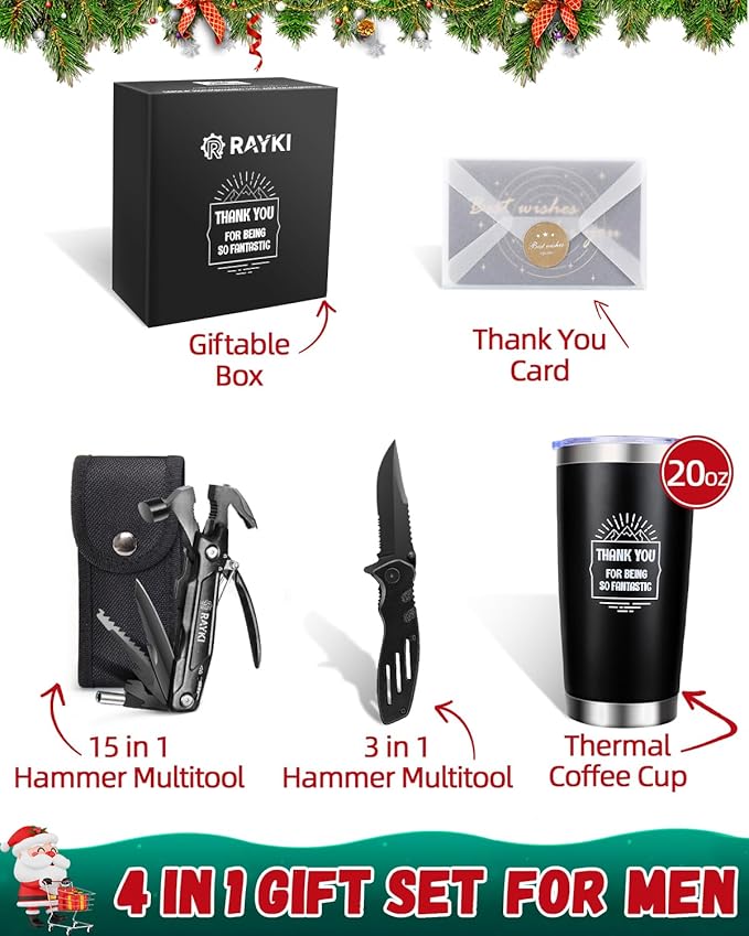 Gifts Baskets for Him Husband Boyfriend, Men's Birthday Gifts for Dad Friend Who Have Everything Father's Day Gift Multitool Set Contain 1*Hammer 1*Pocket Knife 1*Cup 1*Gifts Card I*Hammer Bag