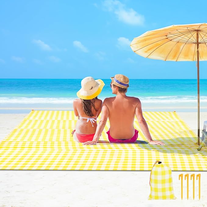 Ainiv Beach Blanket Beach Mat, Sandproof Waterproof Beach Mat, Picnic Blanket, Extra Large 55x79 in (3-5 People) Picnic Blanket with 1 Storage Bag & 4 Fixed Nails for Beach, Camping, Hiking, Picnic