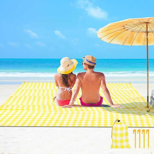 Ainiv Beach Blanket Beach Mat, Sandproof Waterproof Beach Mat, Picnic Blanket, Extra Large 55x79 in (3-5 People) Picnic Blanket with 1 Storage Bag & 4 Fixed Nails for Beach, Camping, Hiking, Picnic