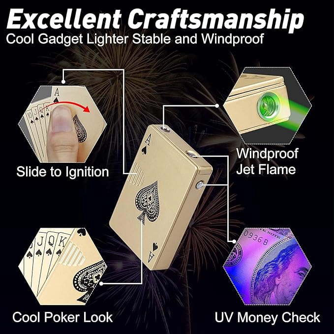 Jet Torch Lighter, Ace Card Green Flame Lighter, Metal Poker Design Windproof Refillable Butane Cool Lighter, Outdoor, Indoor, Camping, BBQ, Candle, Birthday, Gift for Men/Women (Without Gas)