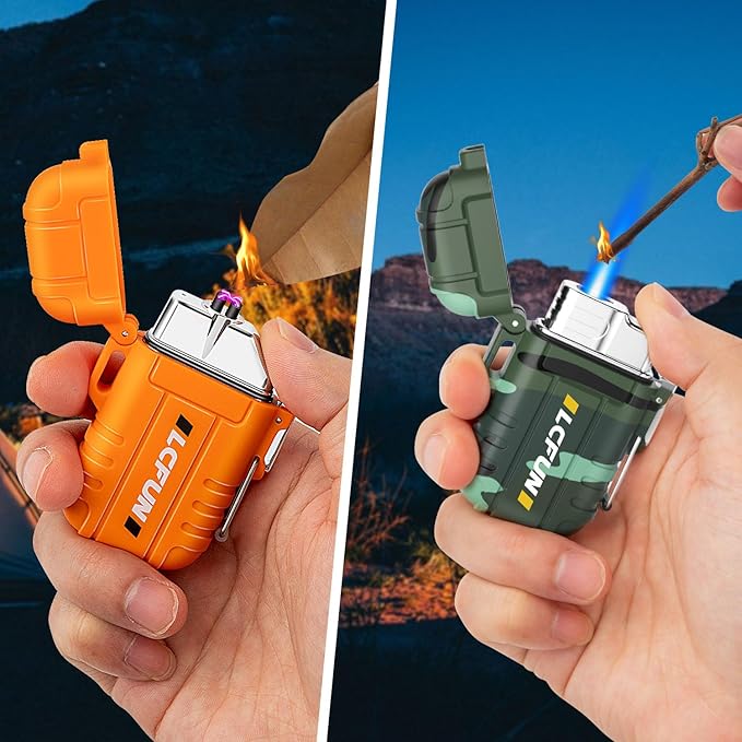LcFun 2 Pack Waterproof Lighter, Windproof Torch Lighter Butane Refillable, Electric Dual Arc Lighter USB Rechargeable, Flameless Plasma Lighter with Whistle for Camping, Hiking, Survival Gear