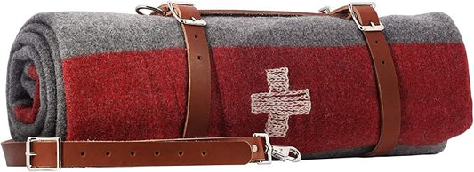 1844 Helko Werk Germany Swiss Army Mountaineer Blanket - 100% Fine Grade Australian Wool - 460 GSM Wool Warm and Durable Premium Quality Australian Made Includes Leather Carrier (Swiss Blanket) #F1150