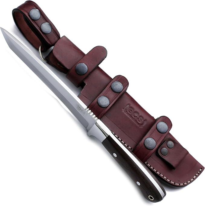 GCS Handmade Outdoor Tanto Knife with Black G10 Handle D2 Tool Steel - Extra Sharp Survival Tactical Hunting Fixed Blade Knife Cow Hide Sheath GCS215