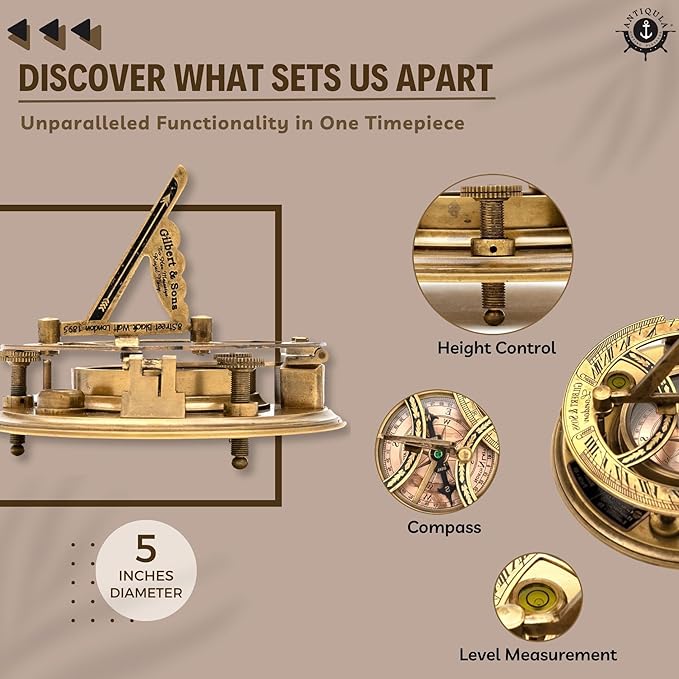 5 inch Large Sundial Compass with Wooden Rosewood Box, Perfectly Calibrated Steampunk Antique Brass Sundial Clock with Chart for Guidance, Ideal Nautical & Vintage Gift for Men