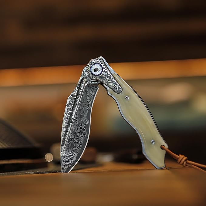 Handmade Damascus Steel Folding Hunting Knife with Leather Sheath,4.09'' Large Blade,Damascus and Bone Handle Pocket Knives for Men EDC Camping, Lepus-02