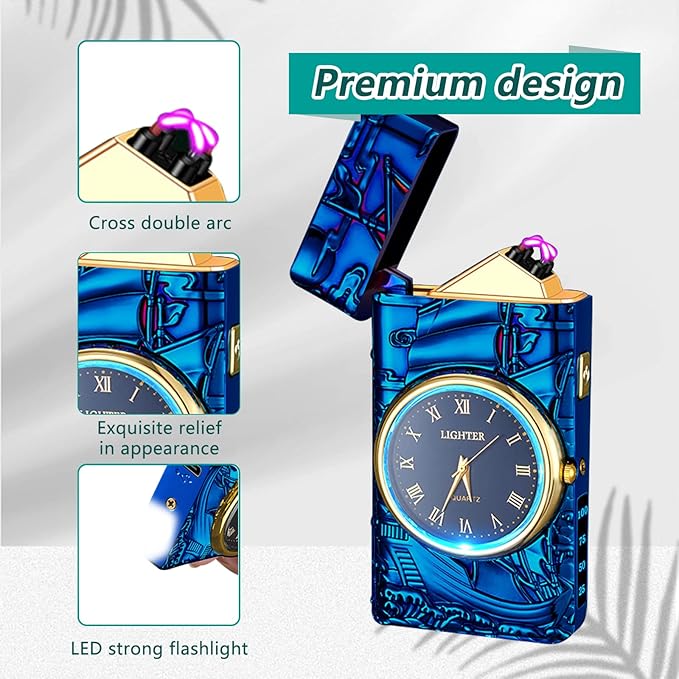 Electric Lighters Rechargeable Type c USB Lighter Windproof Flameless Plasma Dual arc Lighter Metal Cool Lighters with Clock dial Candle Lighters for Candle, Candlestick (Blue)