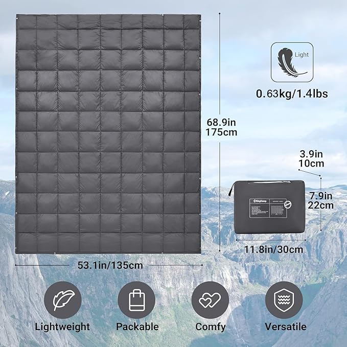 KingCamp Camping Blanket Lightweight, Multifunctional Warm Puffy Outdoor Blanket with Snap Button, Water Repellent, Packable, for Travel, Airplane, Hiking, Picnic