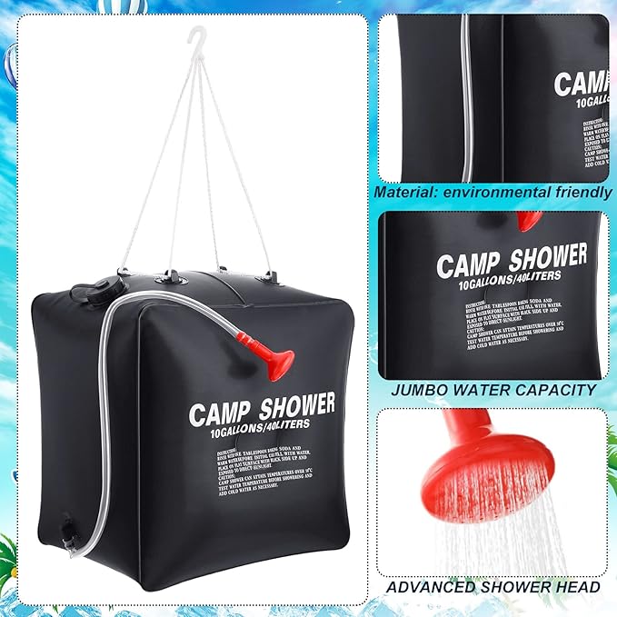 Retisee 10 Gallons/ 40L Solar Camping Showers with Hot Water Portable Camping Shower Bag with Removable Hose Nylon Ropes for Outdoor Hiking Climbing Traveling