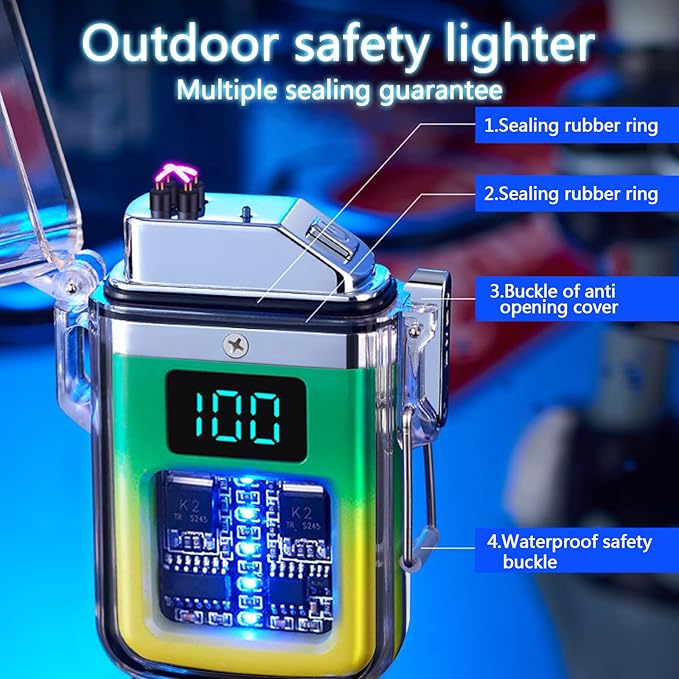 Electric Rechargeable Lighter Transparent Waterproof Dual Arc Plasma Lighter Type-C Rechargeable Lighter Outdoor Windproof Lighter for Outdoor,Camping,Candle and Survival(Yellow and Green)