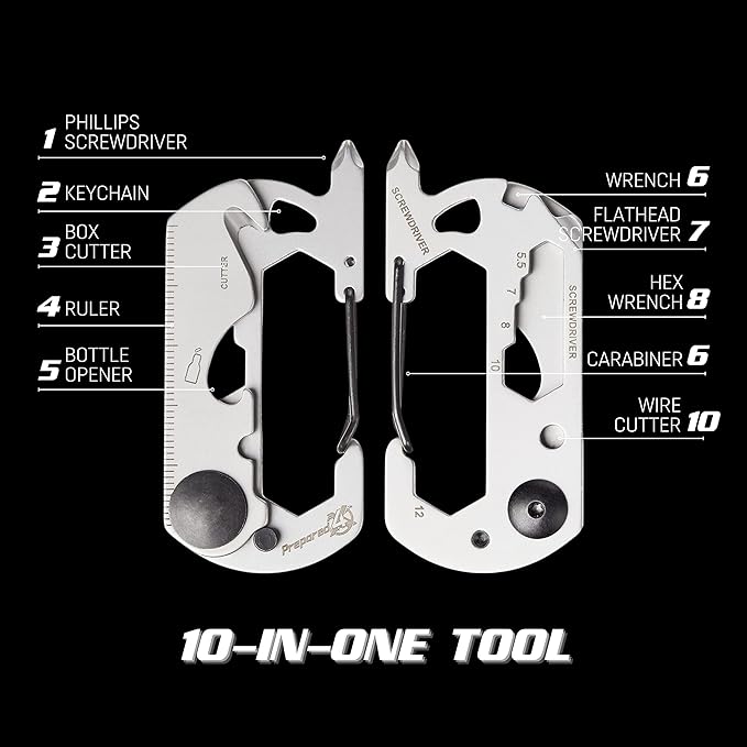 PREPARED4X Multitool Carabiner Keychain – 10-in-1 Stainless Steel EDC Tactical Survival Gear – Screwdriver, Ruler, Bottle Opener, Wrench, Box Cutter, Wire Cutter, and Bicycle Tools