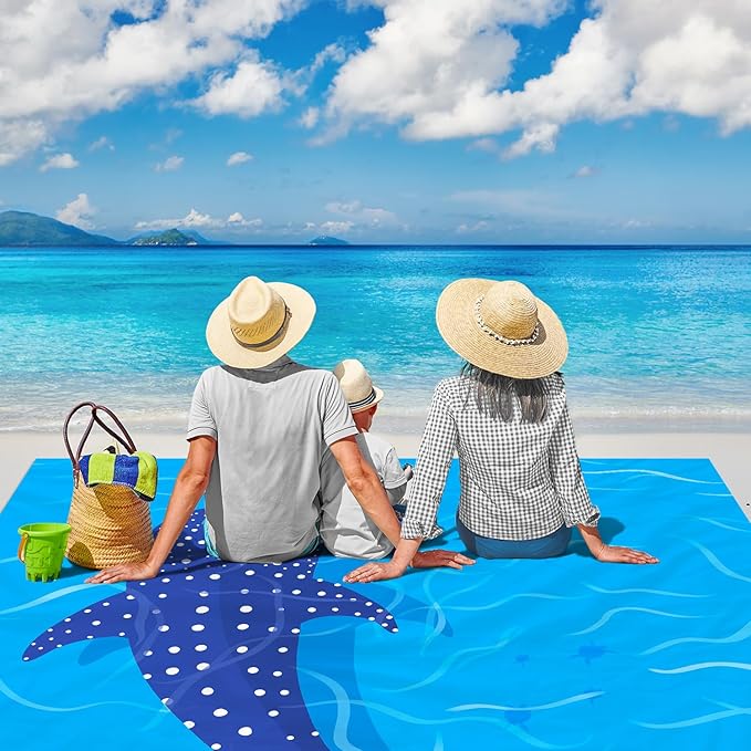Blue Whale Beach Blanket Waterproof Sandproof, Large Beach Mat Sand Free for 2-4 Adults, Lightweight Outdoor Picnic Blanket for Travel, Camping, Hiking, Beach Essentials Accessories for Vacation