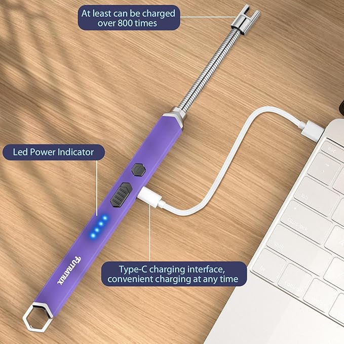 Electronic Candle Lighter Arc Windproof Flameless USB Rechargeable Electric Lighter (1 Pack - Purple)