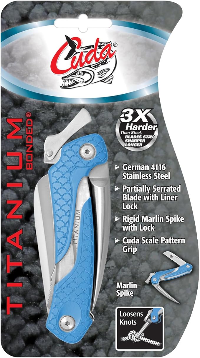 CUDA Marlin Spike Saltwater Corrosion Resistant Fishing Lockable Folding Knife with Partially Serrated Blade & Non-Slip Scale Pattern Grip